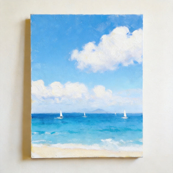 Peaceful Seashore, Sailing Boats at Sea, Hand Painted Canvas Art, Original Landscape Paintings, Small Canvas Wall Art Paintings, Original Oil Paintings, Buy Small Paintings Online-Art Painting Canvas
