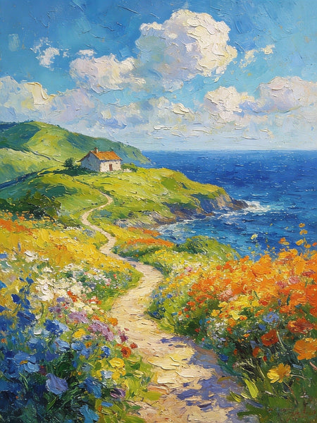 On Canvas Small Paintings, A Cottage by the Azure Sea, Hand Painted Canvas Art, Original Artwork Small Paintings on Wall, Landscape Oil Paintings-Art Painting Canvas