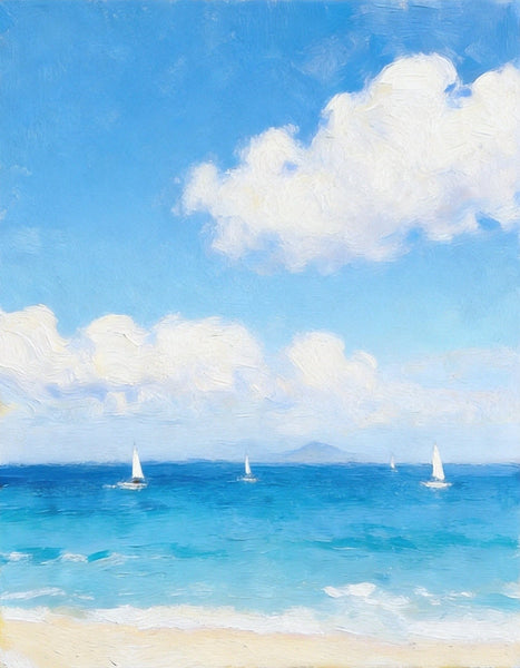 Peaceful Seashore, Sailing Boats at Sea, Hand Painted Canvas Art, Original Landscape Paintings, Small Canvas Wall Art Paintings, Original Oil Paintings, Buy Small Paintings Online-Art Painting Canvas