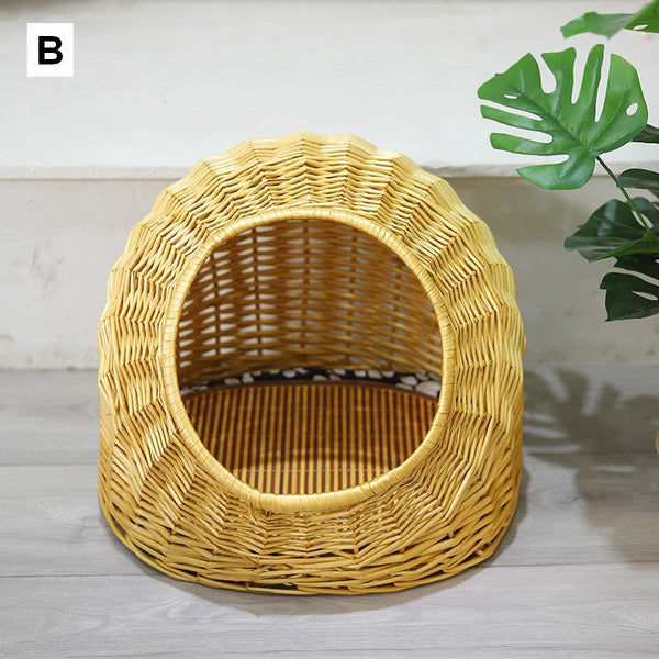 Hand woven Rattan Cat Bed, Natural Wicker Cat House Basket with Washable Cushion for Indoor Cats and Dogs