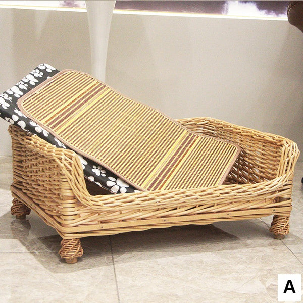 Large Natural Wicker Dog Bed with Washable Cushion for Indoor Cats and Dogs, Hand Woven Rattan Cat Beds-Art Painting Canvas