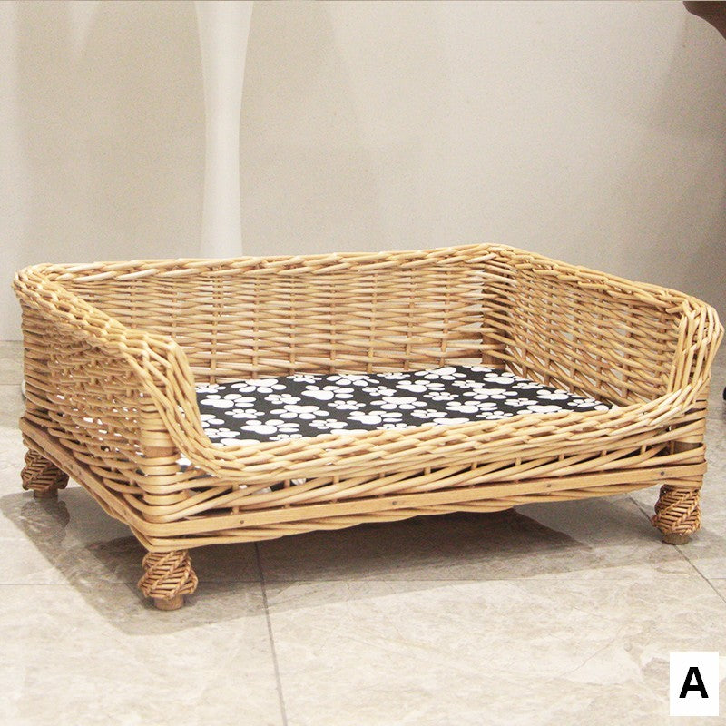 Large Natural Wicker Dog Bed with Washable Cushion for Indoor Cats and Dogs, Hand Woven Rattan Cat Beds-Art Painting Canvas