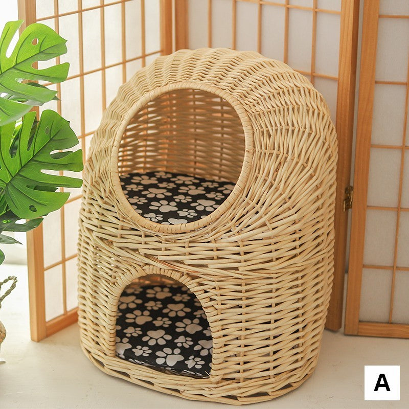 Large Cat House Basket with Washable Cushion for Indoor Cats and Dogs, Double-Layer Cat Bed-Art Painting Canvas