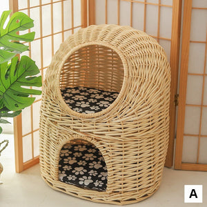 Large Cat House Basket with Washable Cushion for Indoor Cats and Dogs, Double-Layer Cat Bed-Art Painting Canvas