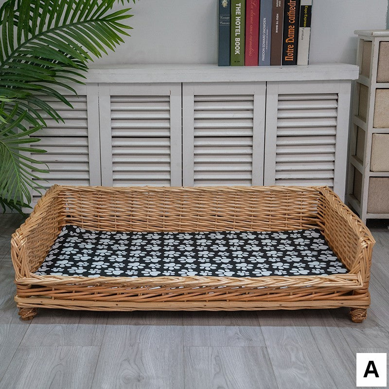 Large Hand Woven Rattan Cat Beds, Extra Large Natural Wicker Dog Bed with Washable Cushion for Indoor Cats and Dogs
