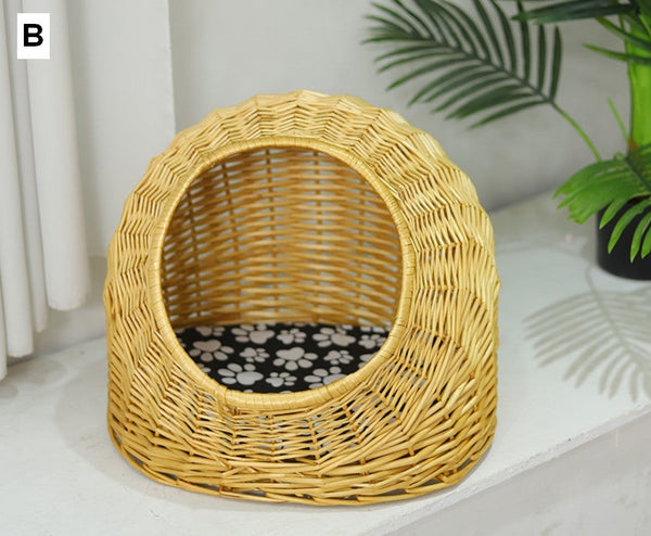 Hand woven Rattan Cat Bed, Natural Wicker Cat House Basket with Washable Cushion for Indoor Cats and Dogs