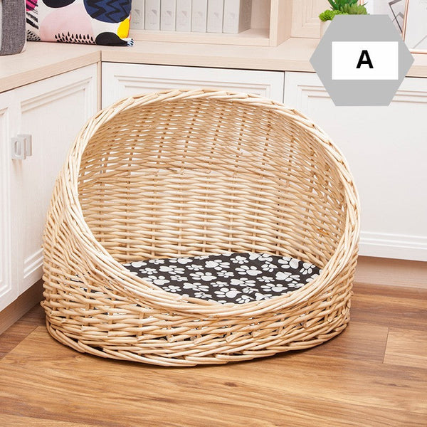 Natural Wicker Cat House Basket with Washable Cushion for Indoor Cats and Dogs, Hand woven Rattan Cat Bed