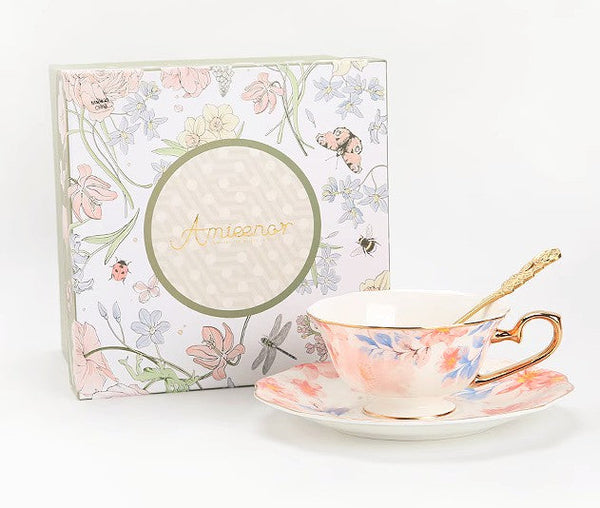 Flower Porcelain Tea Cup Saucer Set, Unique Tea Cup and Saucer in Gift Box,British Royal Ceramic Cups for Traditional Afternoon Tea, Elegant Ceramic Coffee Cups-Art Painting Canvas
