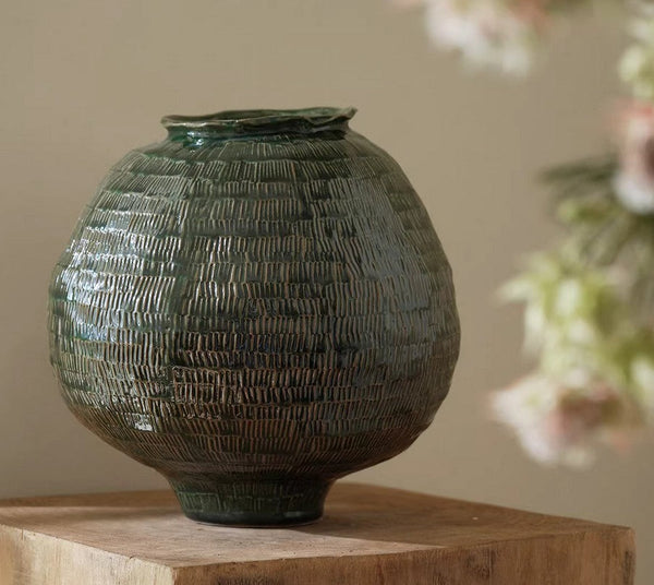 Centerpiece Ceramic Bouquet Vases, Green Porcelain Vases for Modern Home Decor, Large Contemporary Vases on Dining Table, Handmade Modern Flower Vase-Art Painting Canvas