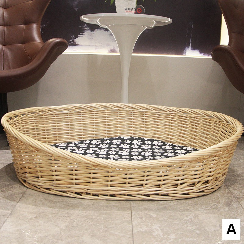Hand woven Rattan Cat Beds, Extra Large Natural Wicker Dog Bed with Washable Cushion for Indoor Cats and Dogs-Art Painting Canvas