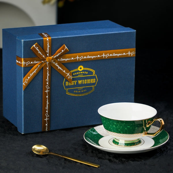 Porcelain Tea Cup and Saucer Set, British Ceramic Tea Cup and Saucer Set, Elegant Green Coffee Cups, British Royal Tea Cup and Saucer Set in Gift Box-Art Painting Canvas