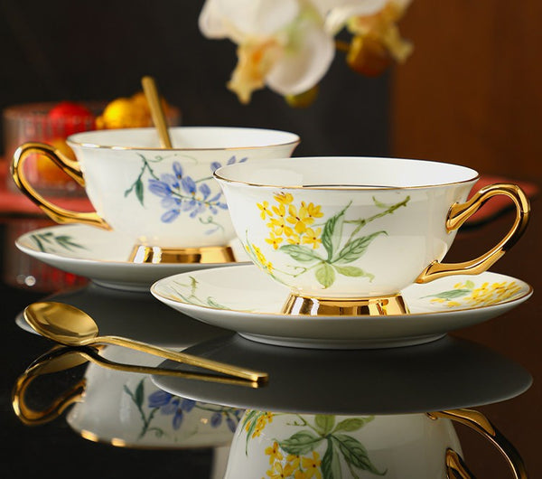 Porcelain Tea Cup Saucer Set, Unique Tea Cup and Saucer in Gift Box, 7.4 oz Floral Ceramic Coffee Cup with Saucer, Beautiful British Tea Cup and Saucer-Art Painting Canvas