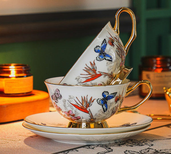 Ceramic Coffee Cups in Gift Box, Butterfly Pattern Porcelain Tea Cup and Saucer Set, British Traditional Afternoon Tea Cup and Saucer Set-Art Painting Canvas