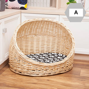 Natural Wicker Cat House Basket with Washable Cushion for Indoor Cats and Dogs, Hand woven Rattan Cat Bed-Art Painting Canvas