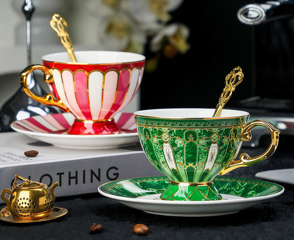 Elegant Ceramic Coffee Cups, Beautiful British Tea Cup with Saucer, 8 Ounce Porcelain Tea Cup Saucer Set of 2 Cups, Unique Tea Cup and Saucer in Gift Box as Birthday Gift-Art Painting Canvas