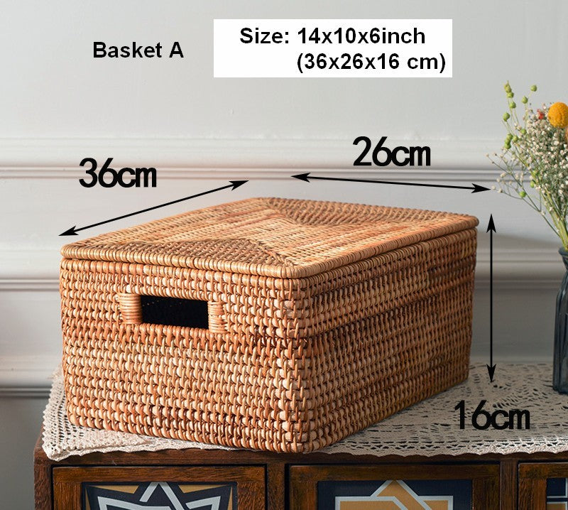 Oversized Rectangular Storage Basket with Lid, Woven Rattan Storage Basket for Shelves, Storage Baskets for Bedroom, Extra Large Storage Baskets for Clothes