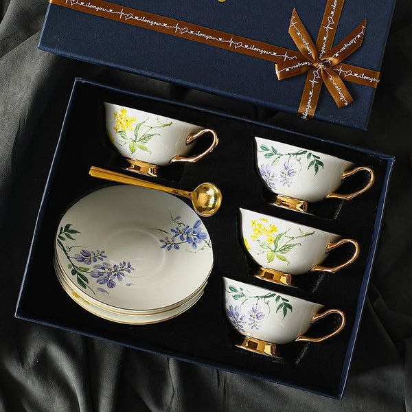 Unique Tea Cup and Saucer in Gift Box, Floral Ceramic Coffee Cup with Saucer, 7.4 oz British Tea Cup and Saucer, Porcelain Tea Cup Saucer Set-Art Painting Canvas
