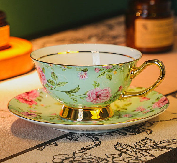 Afternoon British Tea Cup with Saucer, Floral Porcelain Tea Cup and Saucer Set, Traditional English Tea Cup and Saucer Set, Ceramic Coffee Cup with Saucer-Art Painting Canvas