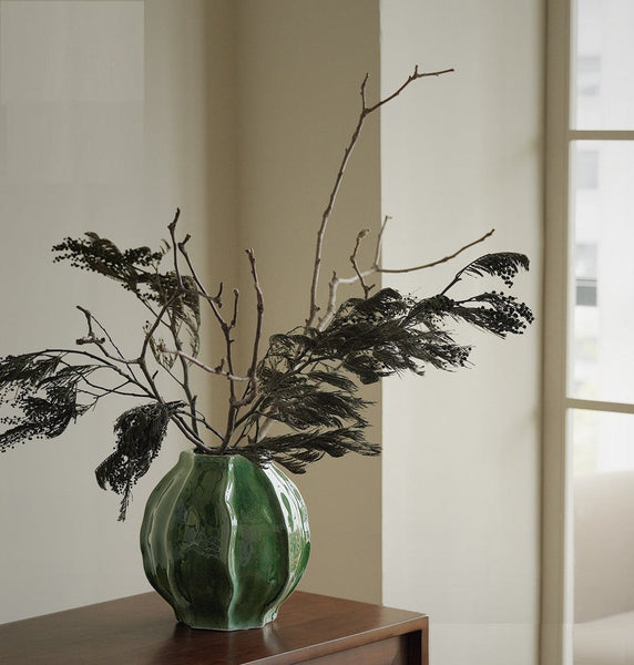 Large Contemporary Vases on Dining Table, Handmade Modern Flower Vase, Centerpiece Ceramic Bouquet Vases, Green Porcelain Vases for Modern Home Decor-Art Painting Canvas