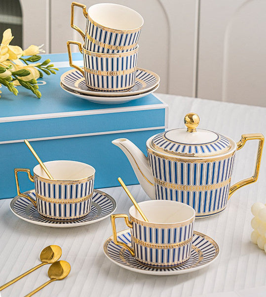 Traditional Afternoon Tea, Modern Coffee Cup with Saucer, 7.4 oz Ceramic Tea Cup and Saucer Set of 4 cups with Teapot, 7.4 oz Porcelain Tea Cup and Saucer Set, British Tea Cup Set-Art Painting Canvas