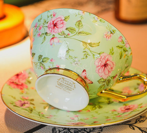 Afternoon British Tea Cup with Saucer, Floral Porcelain Tea Cup and Saucer Set, Traditional English Tea Cup and Saucer Set, Ceramic Coffee Cup with Saucer-Art Painting Canvas