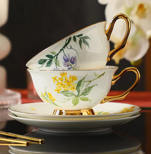 Unique Tea Cup and Saucer in Gift Box, Floral Ceramic Coffee Cup with Saucer, 7.4 oz British Tea Cup and Saucer, Porcelain Tea Cup Saucer Set-Art Painting Canvas