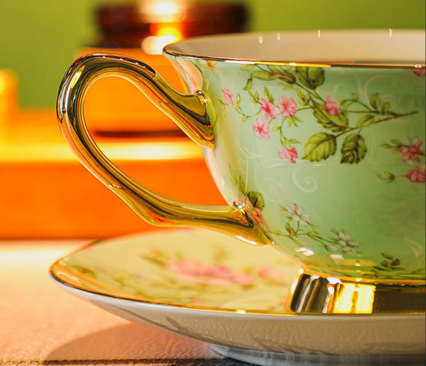 Afternoon British Tea Cup with Saucer, Floral Porcelain Tea Cup and Saucer Set, Traditional English Tea Cup and Saucer Set, Ceramic Coffee Cup with Saucer-Art Painting Canvas
