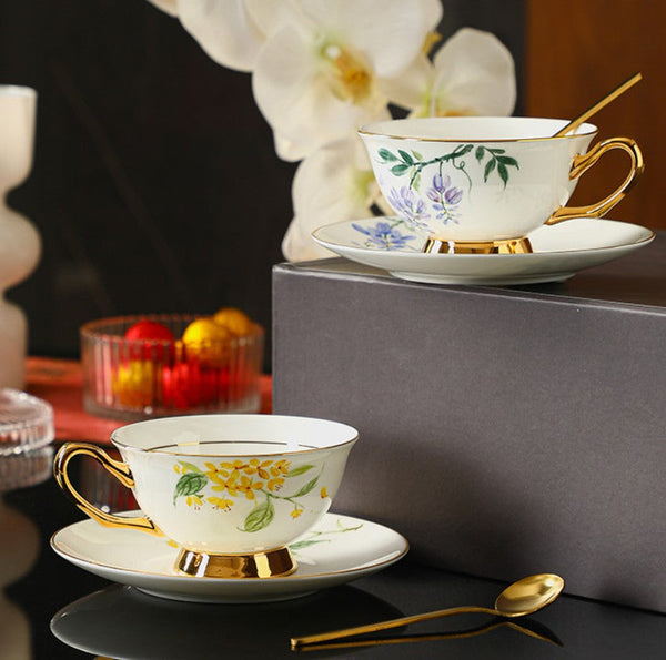 Unique Tea Cup and Saucer in Gift Box, Floral Ceramic Coffee Cup with Saucer, 7.4 oz British Tea Cup and Saucer, Porcelain Tea Cup Saucer Set-Art Painting Canvas