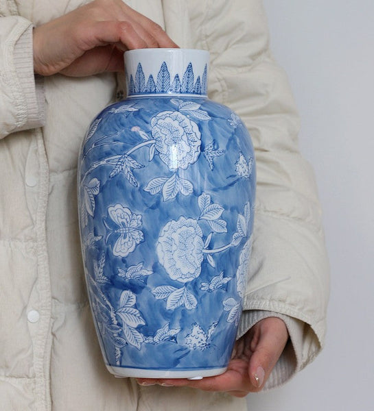 Centerpiece Ceramic Bouquet Vases, Handmade Modern Flower Vase, Large Flower Vases on Dining Table, Blue Porcelain Flower Vases-Art Painting Canvas