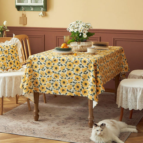 Modern Rectangle Tablecloth for Dining Room Table, Yellow Sunflower Pattern Farmhouse Table Cloth, Square Tablecloth for Round Table-Art Painting Canvas