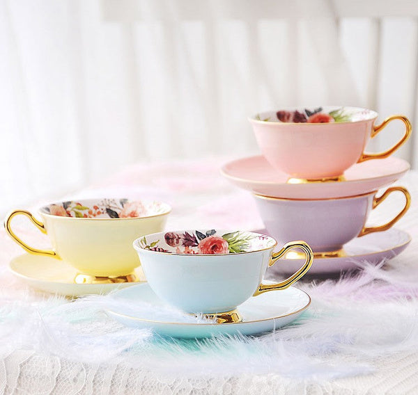 Royal Porcelain Tea Cup Saucer Set, Elegant Flower Pattern Ceramic Coffee Cups, Beautiful British Tea Cups, Unique Traditional Afternoon Tea Cup and Saucer in Gift Box-Art Painting Canvas