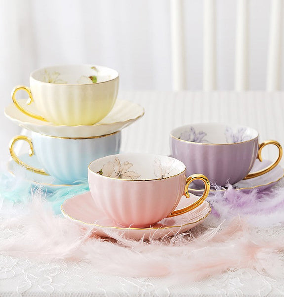 Beautiful British Tea Cups, Unique Traditional Afternoon Tea Cup and Saucer, Elegant Ceramic Coffee Cups, Royal Porcelain Tea Cup Set-Art Painting Canvas
