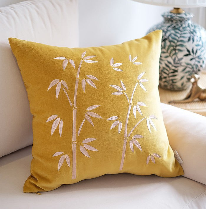 Decorative Pillow Arrangement Ideas Embroidered Bamboo Cushion, Asian Inspired Botanical Pillow For Home Decor, Elegant Bamboo Pattern Soft Square Throw Pillow, Nature Themed Accent For Living Room Or Bed, Artistic Handcrafted Cushion Cover Design