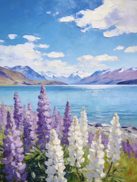 Lupines in Full Bloom by the Lake, Hand Painted Canvas Art, Small Oil Paintings, Original Canvas Paintings, Landscape Paintings for Bedroom, Buy Paintings Online-Art Painting Canvas