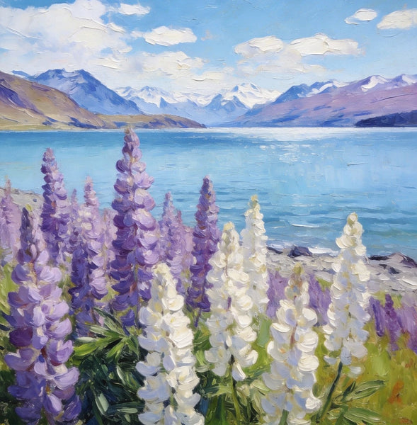 Lupines in Full Bloom by the Lake, Hand Painted Canvas Art, Small Oil Paintings, Original Canvas Paintings, Landscape Paintings for Bedroom, Buy Paintings Online-Art Painting Canvas