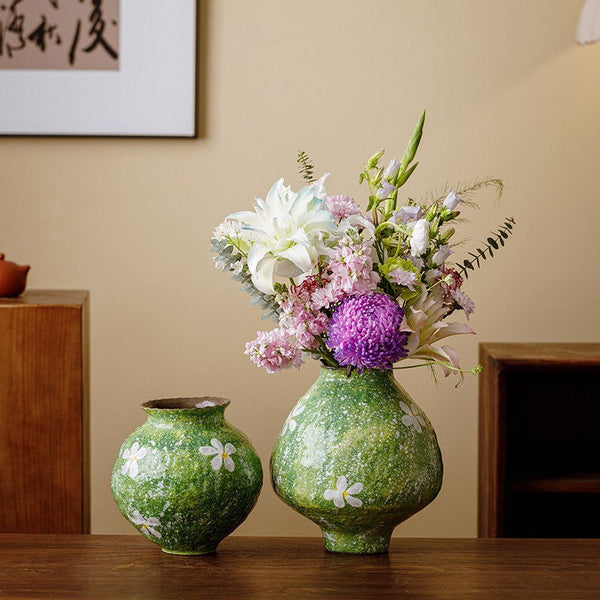 Modern Pottery Flower Vases, Centerpiece on Dining Table, Handmade Water Holding Flower Vases, Pottery Bud Vases, Large Green Flower Vases on Table-Art Painting Canvas