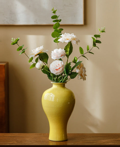 Handmade Water Holding Flower Vase, Yellow Flower Vases on Table, Ceramic Bud Vases, Porcelain Flower Vases-Art Painting Canvas