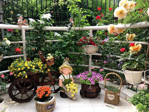 Large Boy Cart and Girl Carry Basket Statues, Flower Pot, Garden Courtyard Ornament, Gardening Ideas, House Warming Gift-Art Painting Canvas