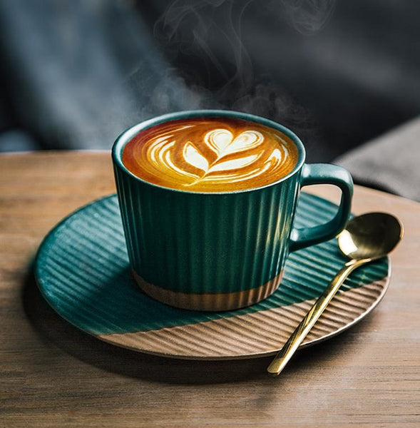 Coffee Cup and Saucer Set, Pottery Coffee Cups, Cappuccino Coffee Mug, Ceramic Coffee Cups, Coffee Cup for Sale, Tea Cup, White / Green / Blue / Yellow-Art Painting Canvas