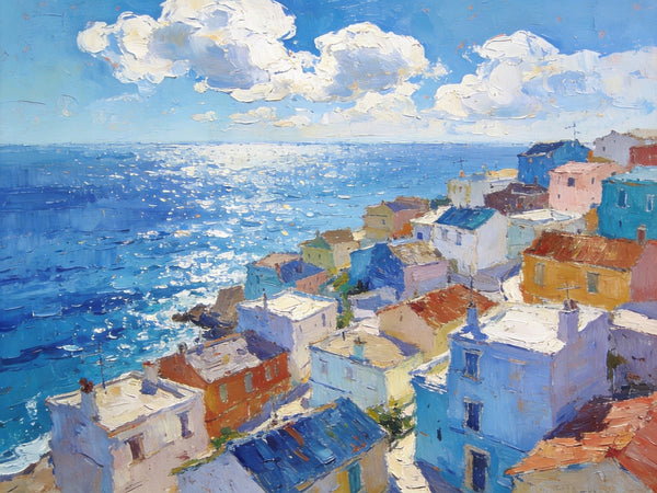 Original Landscape Paintings, Coastal Town Charm, Seashore Paintings, Hand Painted Canvas Art, Small Oil Paintings, Canvas Paintings for Living Room, Buy Paintings Online-Art Painting Canvas