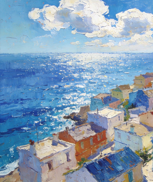 Original Landscape Paintings, Coastal Town Charm, Seashore Paintings, Hand Painted Canvas Art, Small Oil Paintings, Canvas Paintings for Living Room, Buy Paintings Online-Art Painting Canvas