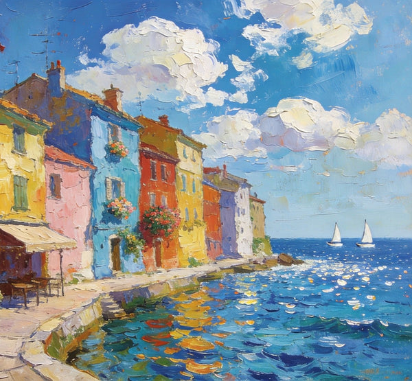 Canvas Paintings for Living Room, Coatal Town Beauty Spot, Hand Painted Canvas Art, BuyOil Paintings Online, Small Wall Art Paintings, Original Landscape Paintings-Art Painting Canvas