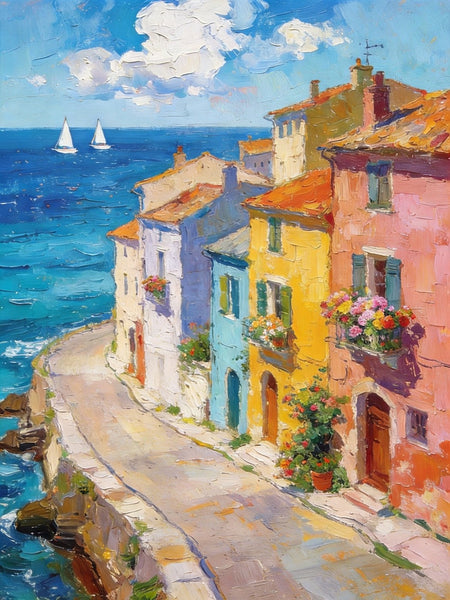 The Beauty of a Small Seaside Town, Original Landscape Art, Buy Original Paintings, Hand Painted Canvas Art, Small Paintings On Canvas, Heavy Texture Wall Art Paintings-Art Painting Canvas