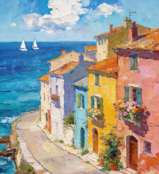 The Beauty of a Small Seaside Town, Original Landscape Art, Buy Original Paintings, Hand Painted Canvas Art, Small Paintings On Canvas, Heavy Texture Wall Art Paintings-Art Painting Canvas