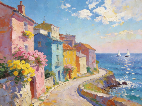 Original Landscape Paintings, Coastal Town Tranquility, Summer Resort Paintings, Hand Painted Canvas Art, Heavy Texture Artwork, Small Oil Paintings, Buy Painting Online-Art Painting Canvas