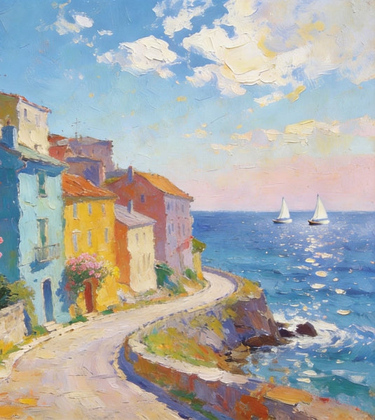 Original Landscape Paintings, Coastal Town Tranquility, Summer Resort Paintings, Hand Painted Canvas Art, Heavy Texture Artwork, Small Oil Paintings, Buy Painting Online-Art Painting Canvas