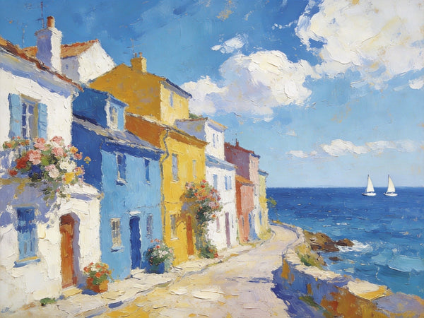 Heavy Texture Artwork, Seaside Town Serene Moment, Small Oil Paintings, Buy Painting Online, Original Landscape Paintings, Hand Painted Canvas Art-Art Painting Canvas