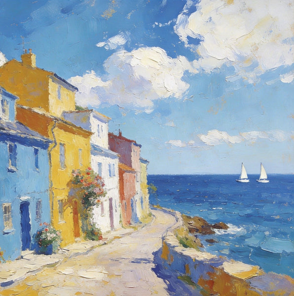 Heavy Texture Artwork, Seaside Town Serene Moment, Small Oil Paintings, Buy Painting Online, Original Landscape Paintings, Hand Painted Canvas Art-Art Painting Canvas