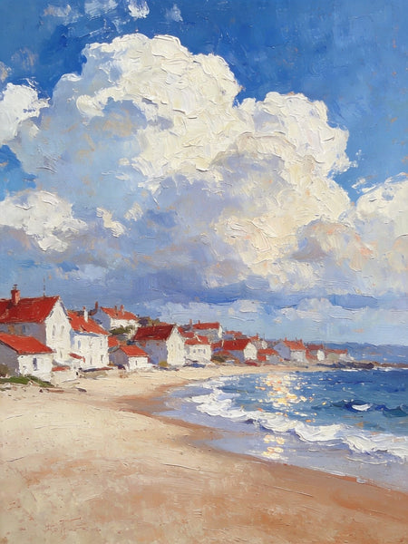 Landscape Oil Paintings, Sandy Seaside Village, Canvas Paintings for Living Room, Small Original Paintings, Hand Painted Canvas Art-Art Painting Canvas