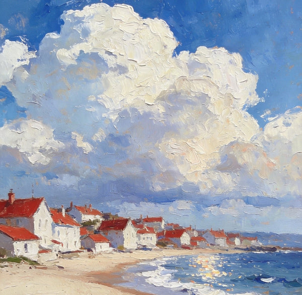 Landscape Oil Paintings, Sandy Seaside Village, Canvas Paintings for Living Room, Small Original Paintings, Hand Painted Canvas Art-Art Painting Canvas